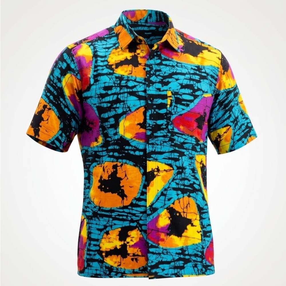 Casual Blue and Yellow Button Down African Wax Print Men’s Shirt